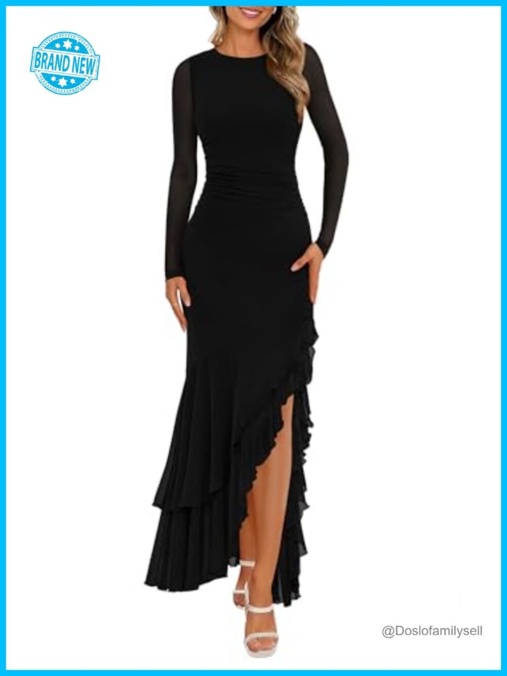 Women's Long Sleeve Mesh Maxi Dress Ruched Wedding Guest Formal